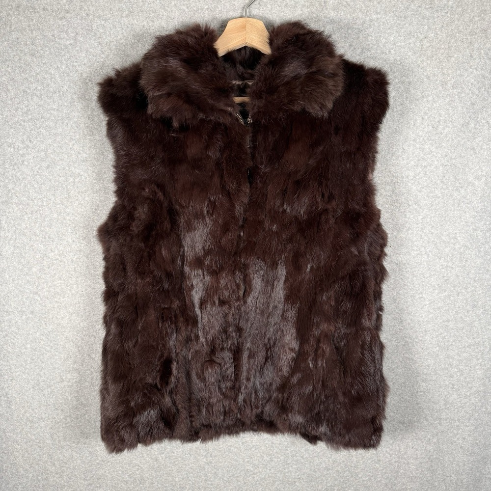 Saks Fifth Avenue Rabbit Fur Vest Womens M/L Brown Full Zip Jacket Vintage 90s